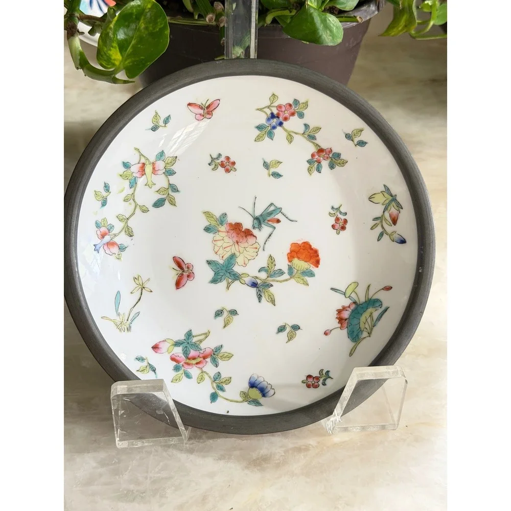 Vtg‎ Pewter Encased Porcelain Bowl Hong Kong Hand Painted Floral Butterfly 7.25